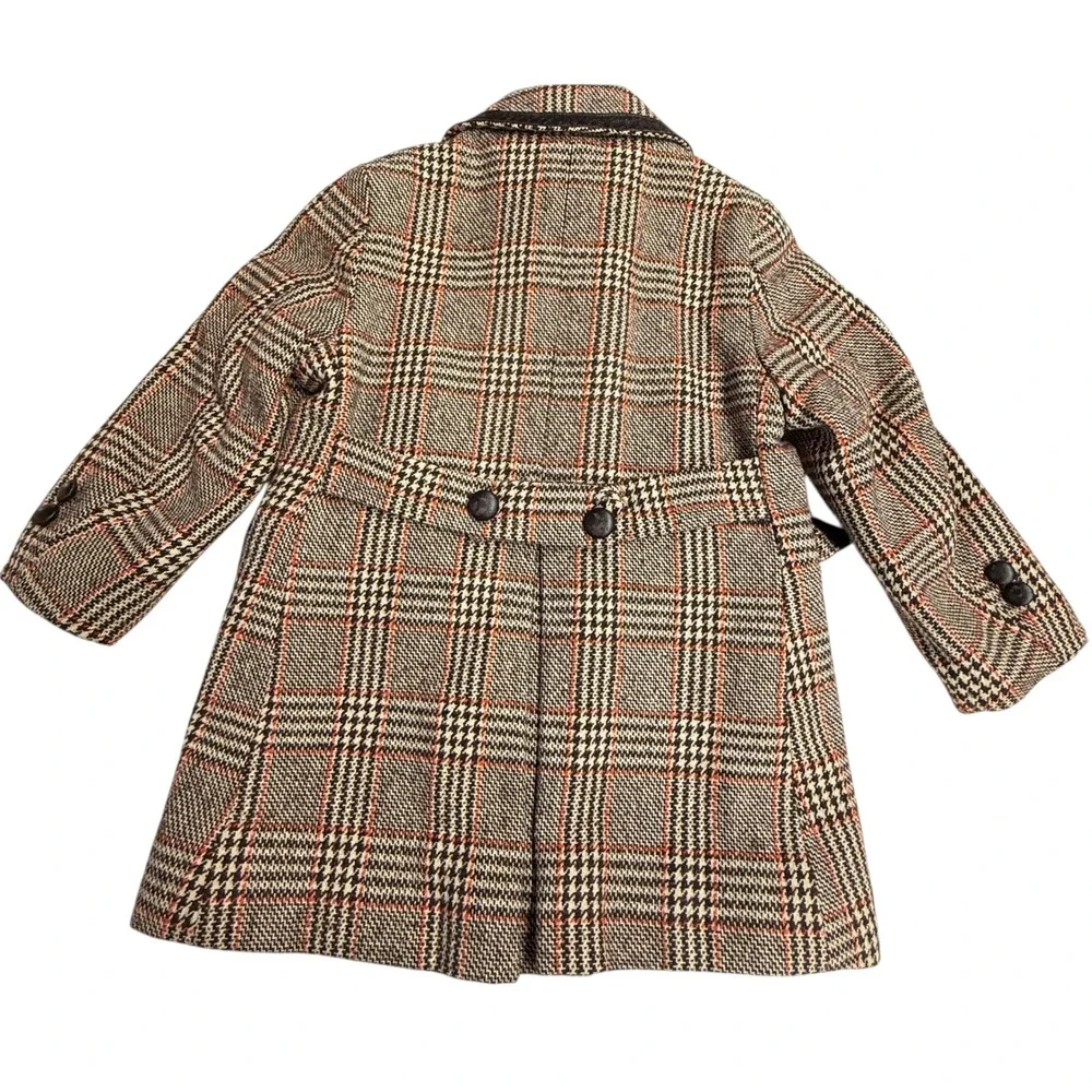 Solitaire‎ Kids Jacket 50's Plaid Double Breasted Wool Blend Leather Trim 5-6